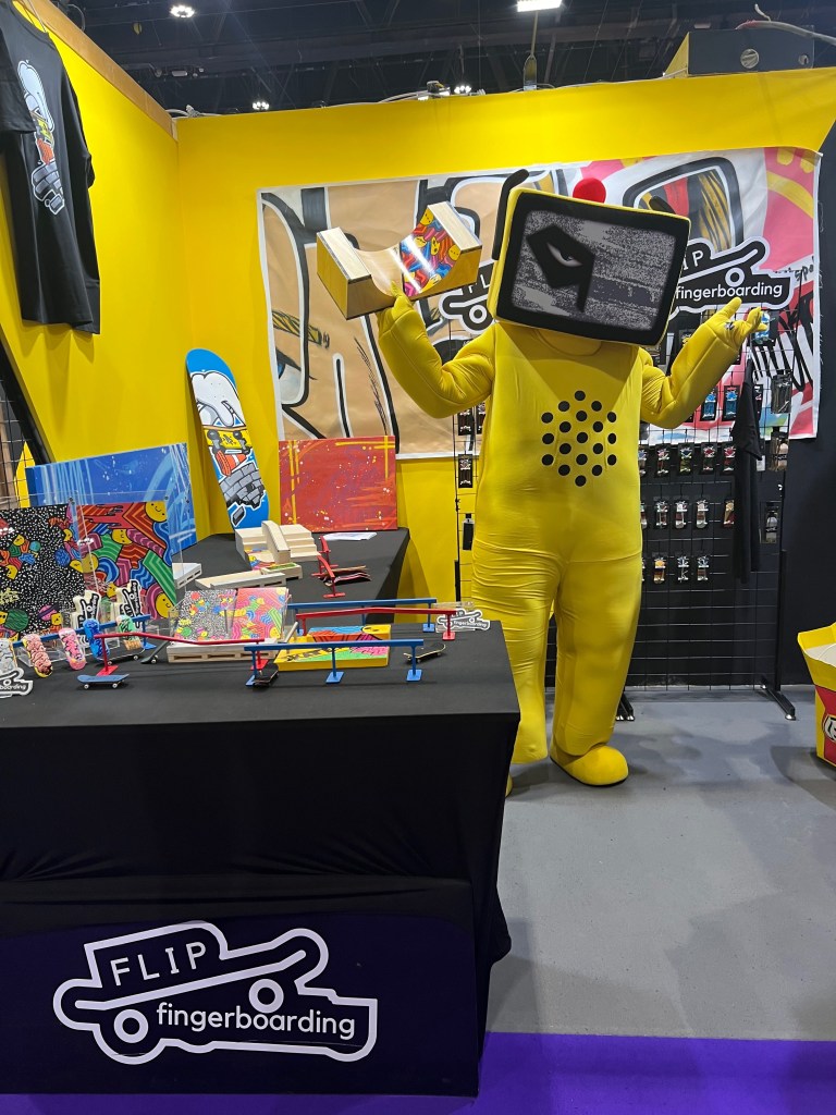 Bun the MEFCC Comic Con mascot at Flip Fingerboarding booth during Comic Con 2024 held at ADNEC Abu Dhabi
