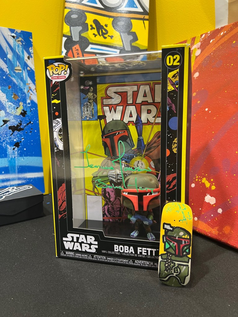 Boba Fett funko pops and fingerboard signed by Temuera Morrison of Star Wars during the MEFCC Comic Con 2024 held in Abu Dhabi.
