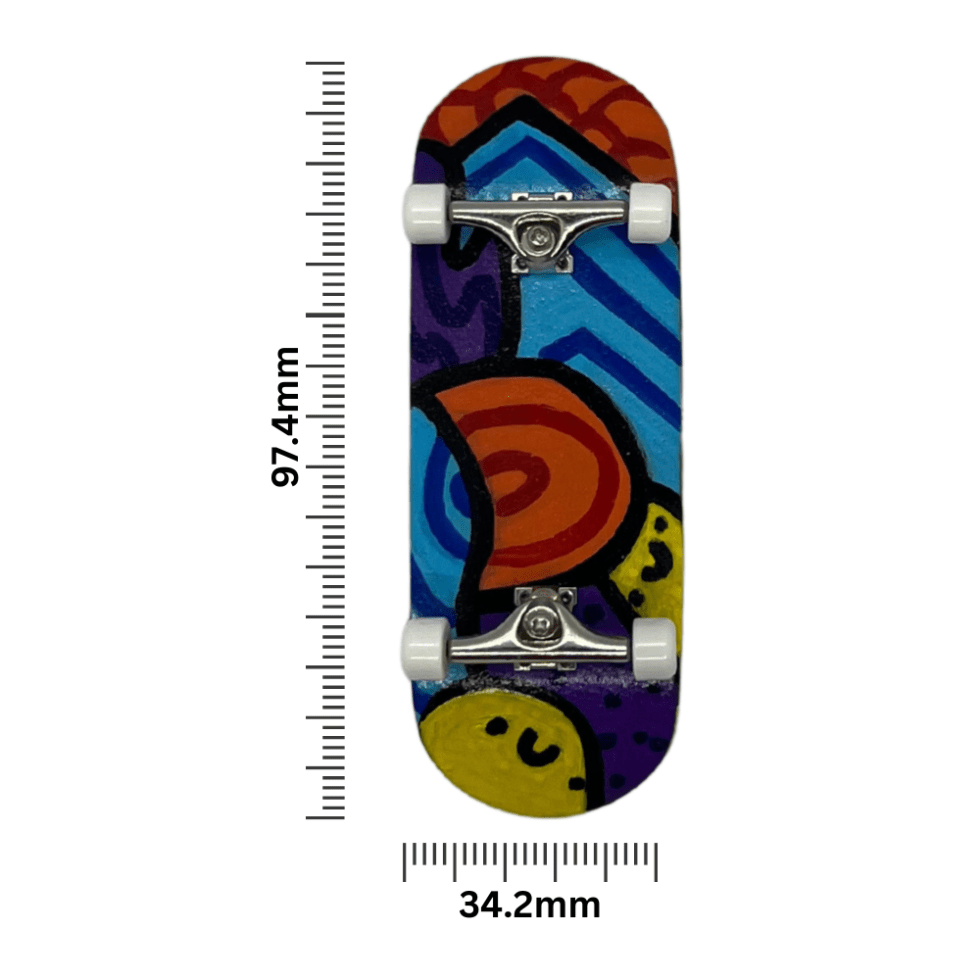 'Neurodiversity 1.2' Artist handmade professional fingerboard 34.2mm x 97.4mm complete with steel trucks and urethane bearing wheels and original hand painted art on deck.